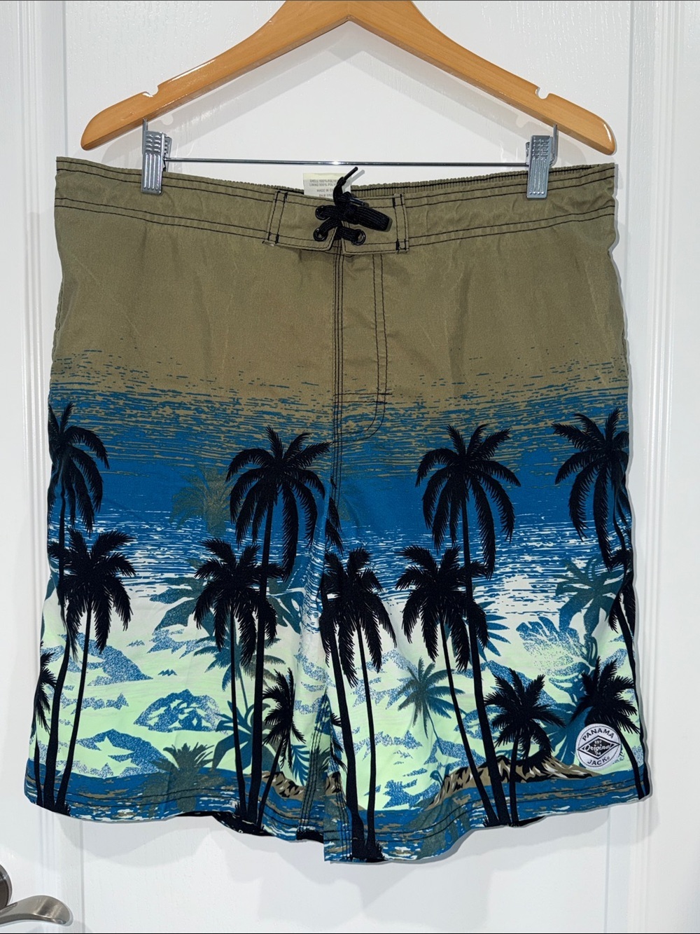 Panama Jack Men's Olive and Blue Palm-Print Swim Trunks size XLarge lined